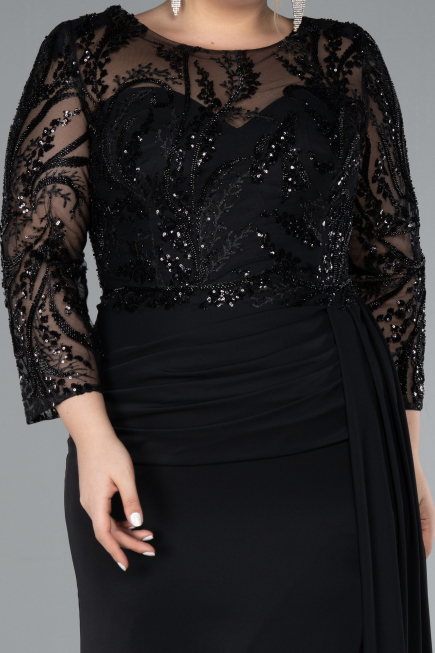Black Stoned Capri Sleeve Slit Chiffon Plus Size Evening Gown ABU4294