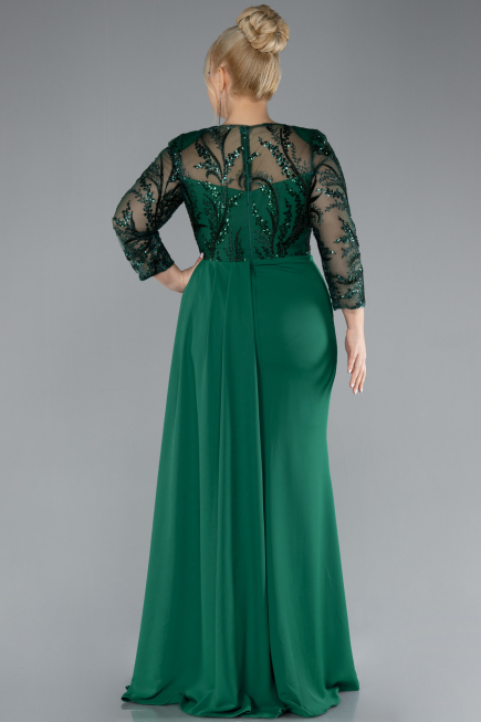 Emerald Green Stoned Capri Sleeve Slit Chiffon Plus Size Evening Gown ABU4294