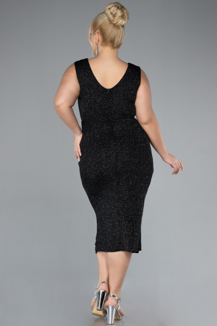 Black-Silver Midi Plus Size Evening Dress ABK1492