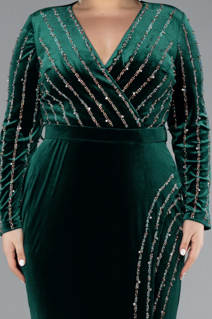 Emerald Green Stoned Long Sleeve Velvet Oversized Evening Dress ABU4277