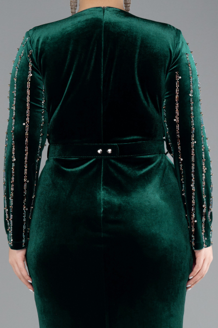 Emerald Green Stoned Long Sleeve Velvet Oversized Evening Dress ABU4277