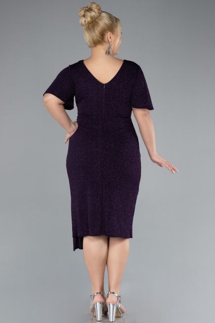 Dark Purple Short Sleeve Midi Glittery Plus Size Cocktail Dress ABK2146