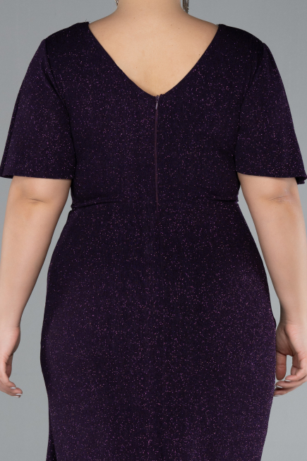 Dark Purple Short Sleeve Midi Glittery Plus Size Cocktail Dress ABK2146