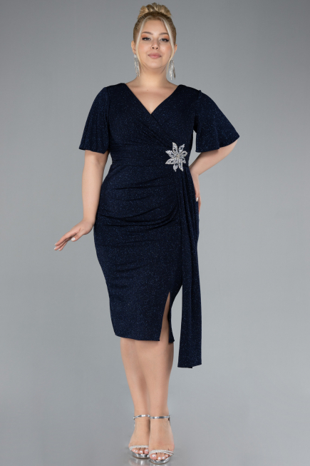 Navy Blue Short Sleeve Midi Glittery Plus Size Cocktail Dress ABK2146