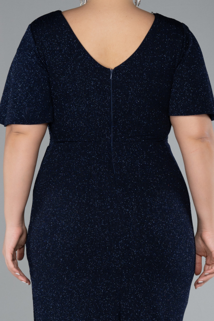 Navy Blue Short Sleeve Midi Glittery Plus Size Cocktail Dress ABK2146