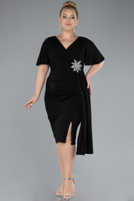 Black Short Sleeve Midi Glittery Plus Size Cocktail Dress ABK2146