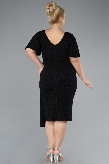 Black Short Sleeve Midi Glittery Plus Size Cocktail Dress ABK2146