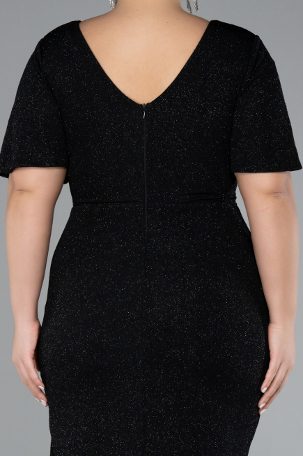 Black Short Sleeve Midi Glittery Plus Size Cocktail Dress ABK2146