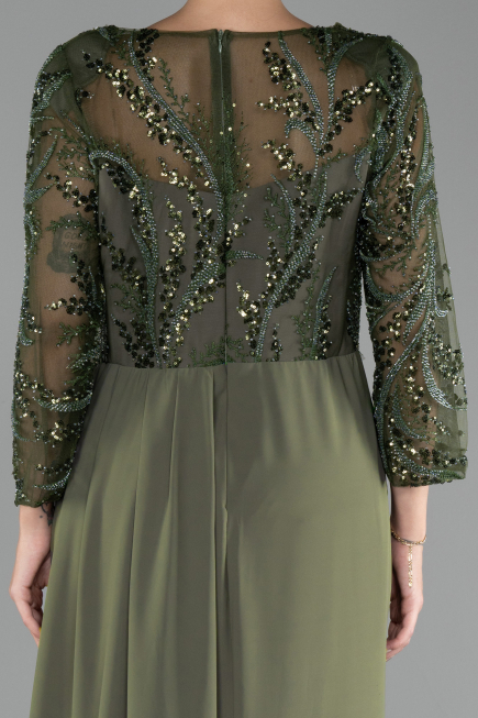 Olive Drab Embroidered Capri Sleeve Slit Chiffon Evening Gown ABU4293