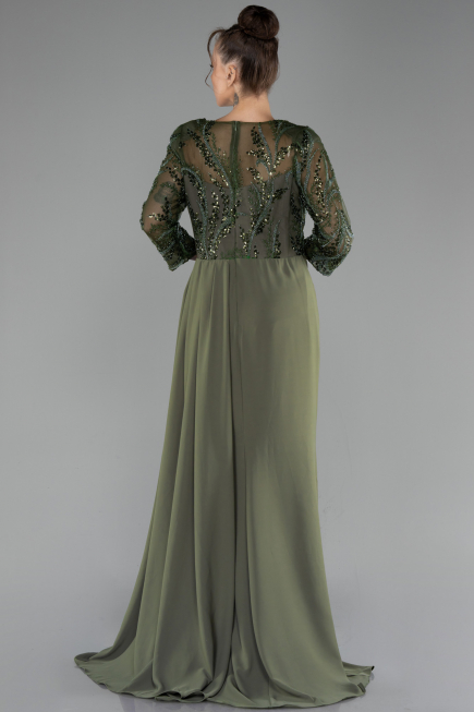 Olive Drab Embroidered Capri Sleeve Slit Chiffon Evening Gown ABU4293