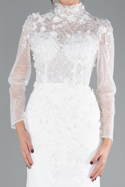 White Long Sleeve Guipure Silvery Tail Wedding Dress ABU4342