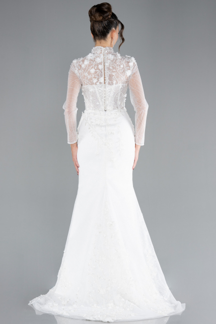 White Long Sleeve Guipure Silvery Tail Wedding Dress ABU4342