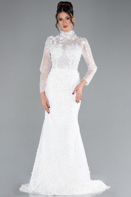 White Long Sleeve Guipure Silvery Tail Wedding Dress ABU4342