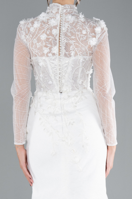 White Long Sleeve Guipure Silvery Tail Wedding Dress ABU4342