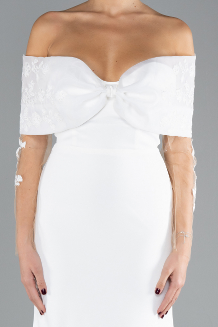 White Boat Neck Guipure Long Sleeve Fishtail Evening Dress ABU4343