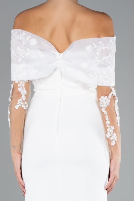 White Boat Neck Guipure Long Sleeve Fishtail Evening Dress ABU4343
