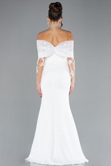 White Boat Neck Guipure Long Sleeve Fishtail Evening Dress ABU4343