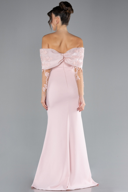 Powder Color Boat Neck Guipure Long Sleeve Fishtail Evening Dress ABU4343