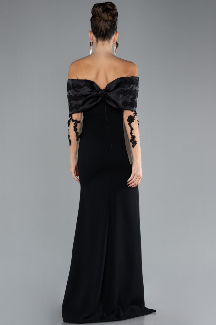 Black Boat Neck Guipure Long Sleeve Fishtail Evening Dress ABU4343