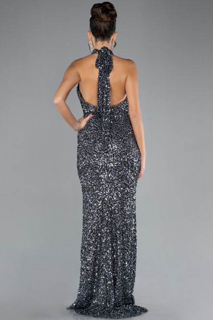 Anthracite Halter Neck Slit Long Scaly Evening Gown ABU4306