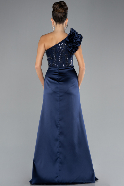 Navy Blue One Shoulder Sequined Slit Satin Evening Gown ABU4325