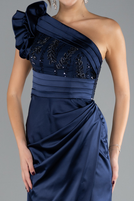 Navy Blue One Shoulder Sequined Slit Satin Evening Gown ABU4325