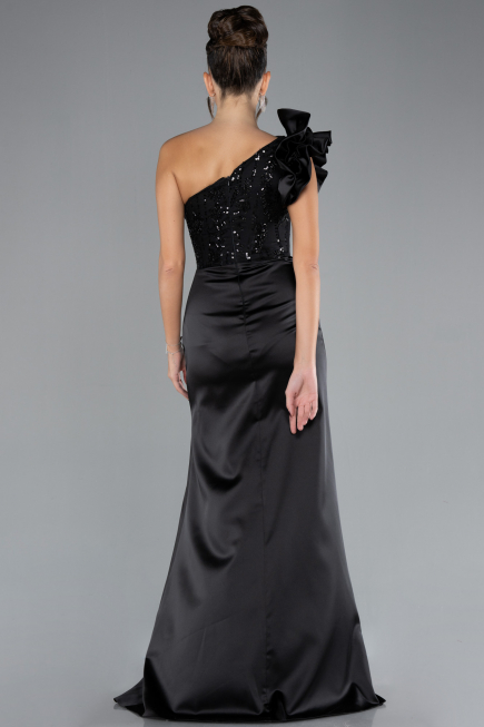 Black One Shoulder Sequined Slit Satin Evening Gown ABU4325