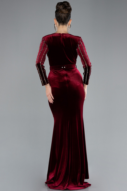 Burgundy Stoned Long Sleeve Velvet Evening Dress ABU4282