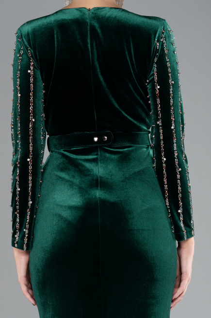 Emerald Green Stoned Long Sleeve Velvet Evening Dress ABU4282