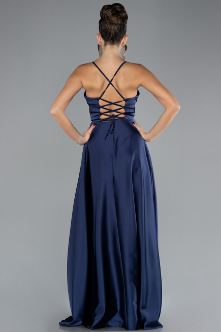 Navy Blue Long Satin Evening Dress ABU2583