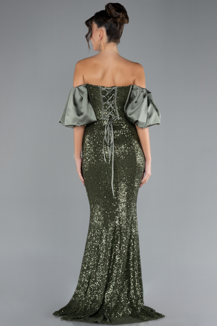 Olive Drab Strapless Sleeve Accessories Long Scaly Evening Gown ABU4308