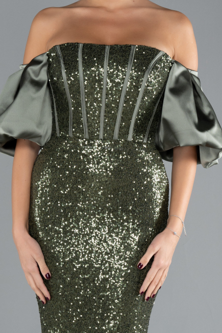 Olive Drab Strapless Sleeve Accessories Long Scaly Evening Gown ABU4308