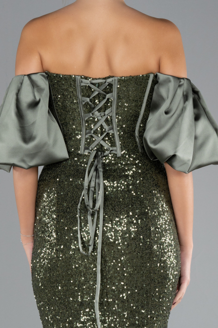 Olive Drab Strapless Sleeve Accessories Long Scaly Evening Gown ABU4308