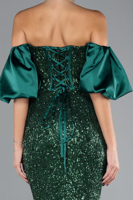 Emerald Green Strapless Sleeve Accessories Long Scaly Evening Gown ABU4308