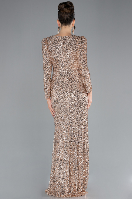 Gold Long Sleeve Slit Sequined Evening Gown ABU4329