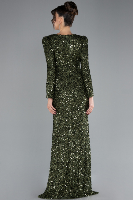Olive Drab Long Sleeve Slit Sequined Evening Gown ABU4329
