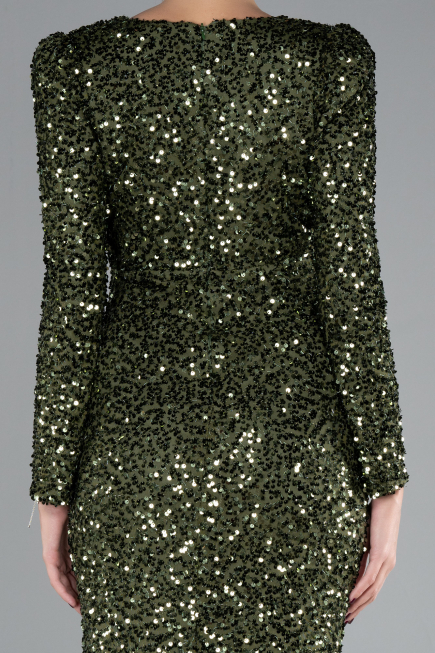 Olive Drab Long Sleeve Slit Sequined Evening Gown ABU4329
