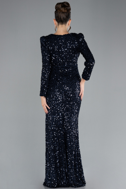 Navy Blue Long Sleeve Slit Sequined Evening Gown ABU4329
