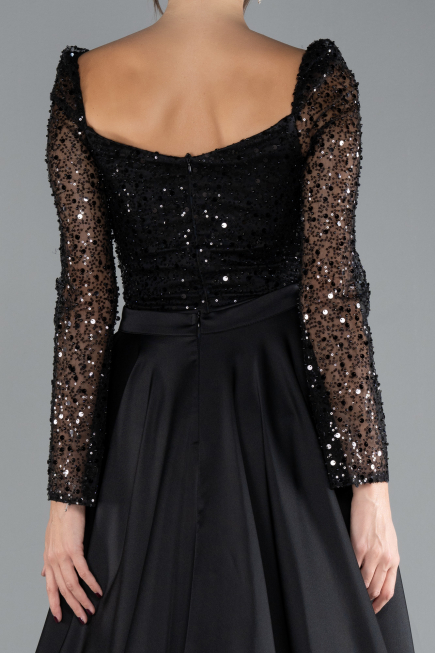 Black Sequin Long Sleeves Tail Satin Mermaid Evening Gown ABU4332