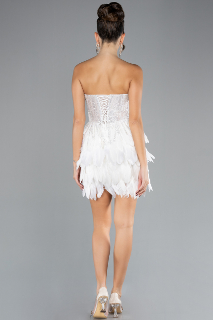 White Stoned Strapless Imported Feathered Evening Gown ABK2165