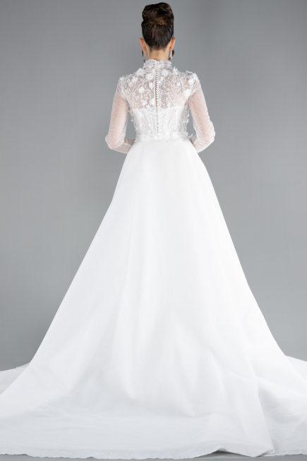 White Long Sleeve Guipure Silvery Tail Wedding Dress ABU4342
