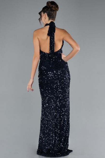 Navy Blue Halter Neck Slit Long Scaly Evening Gown ABU4306