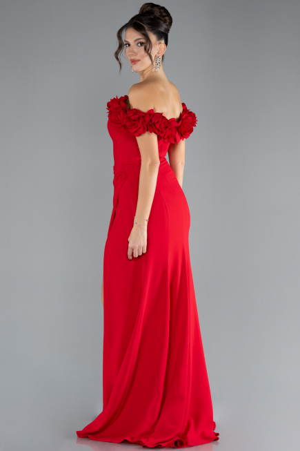 Red Floral Boat Neck Slit Long Mermaid Evening Gown ABU4335