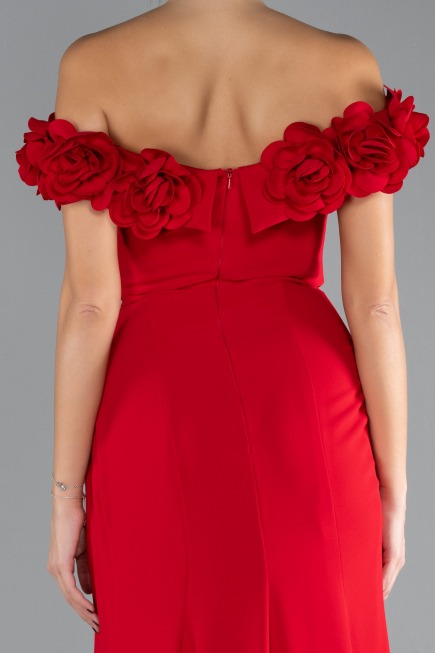 Red Floral Boat Neck Slit Long Mermaid Evening Gown ABU4335