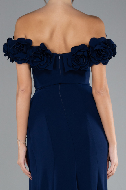 Navy Blue Floral Boat Neck Slit Long Mermaid Evening Gown ABU4335