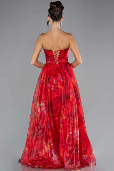 Red Strapless Long Patterned Prom Gown ABU4336