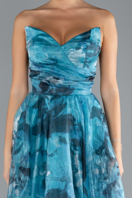 Oil Green Strapless Long Patterned Prom Gown ABU4336