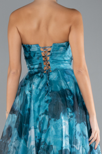 Oil Green Strapless Long Patterned Prom Gown ABU4336