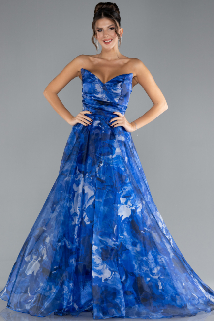 Sax Blue Strapless Long Patterned Prom Gown ABU4336