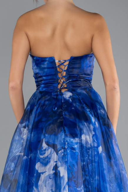 Sax Blue Strapless Long Patterned Prom Gown ABU4336